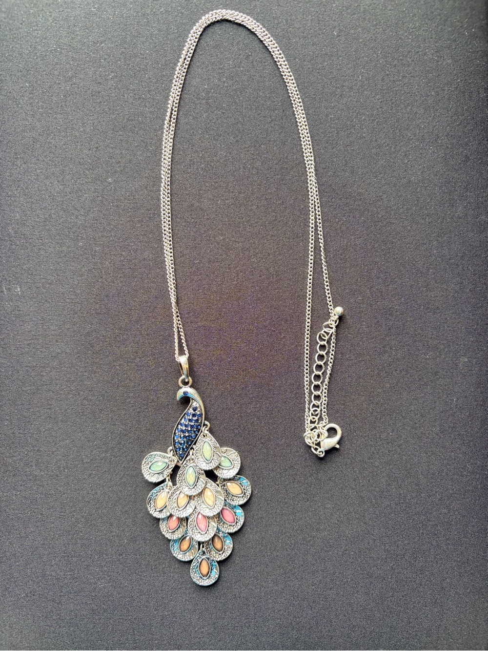 World Market Peacock Pendant Necklace w/Multicolor Enamel & Blue Crystal Accents